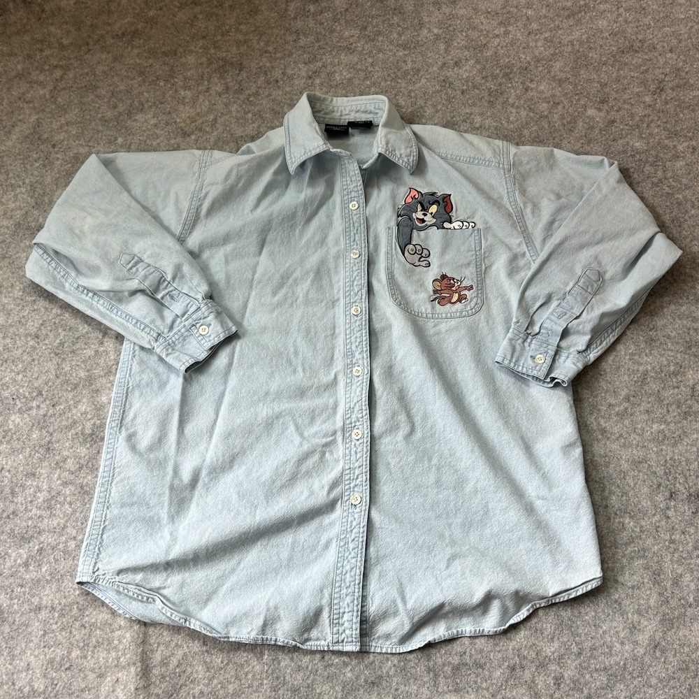 VINTAGE 1997 Warner Bros Button Denim Shirt Embroidered TOM & JERRY-Women's Sz M